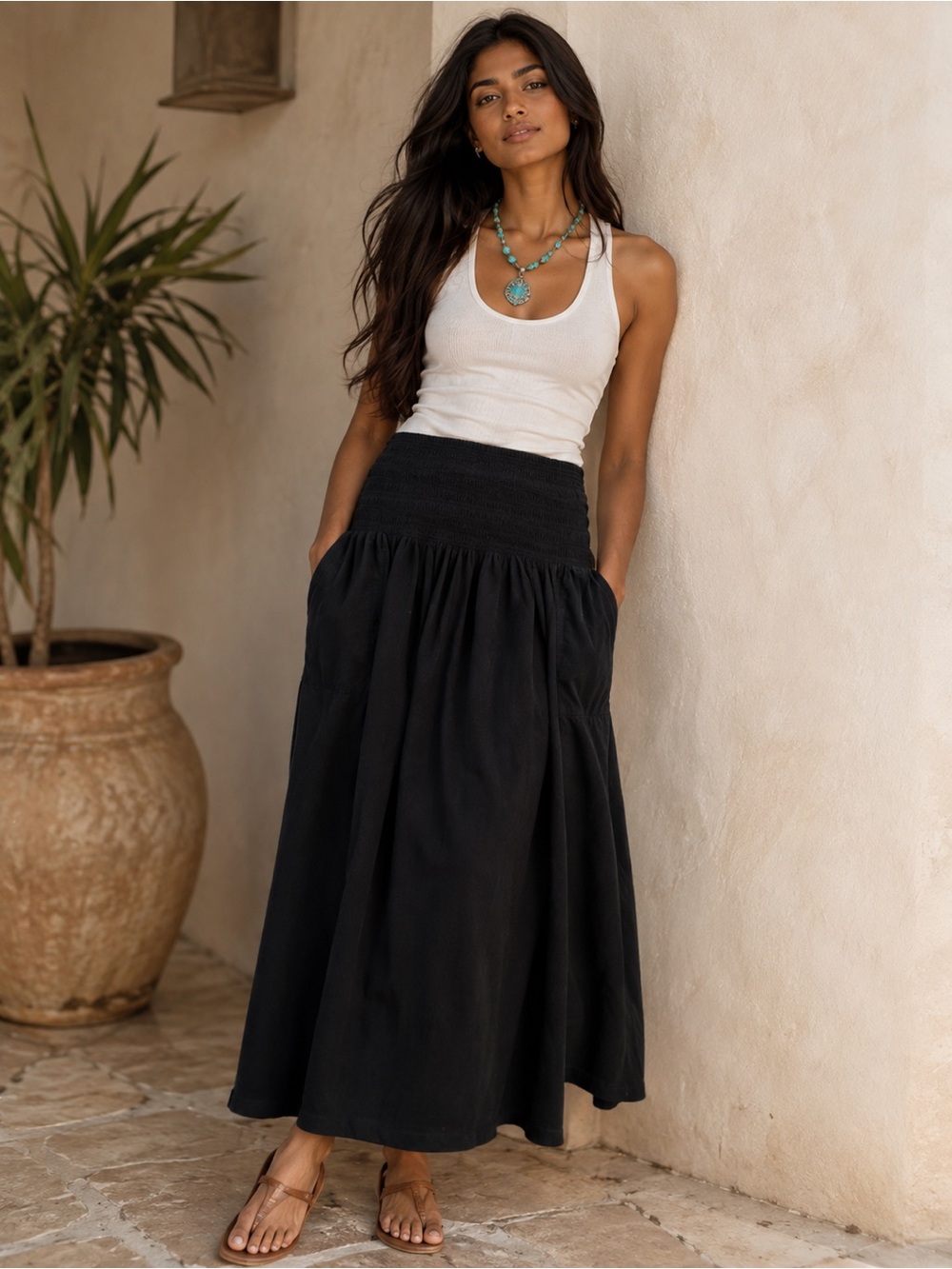 Women's Black Smocked-Waist Maxi Skirt boho style.